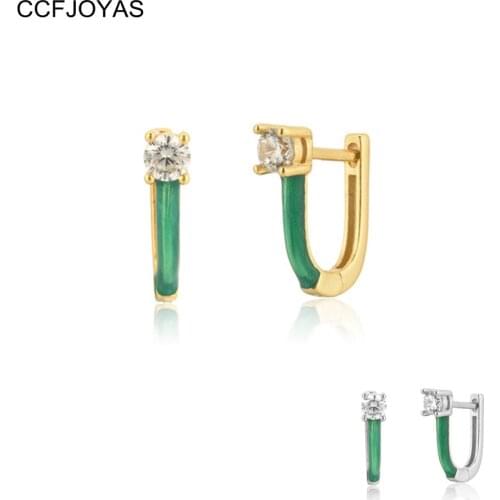 CCFJOYAS 925 Sterling Silver Green Enamel Small Hoop Earrings for Women European and American Personality U-shaped Earrings