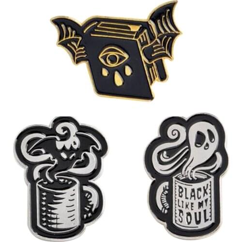 Fashion Creative Horror Series Coffee Cup Devil Bat Wings Magic Book Enamel Pin Badge Brooch Women Halloween Decoration Gift