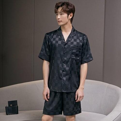 Men Short-sleeved Shorts Pajamas Polyester Plaid Sleepwear Two-piece Nightwear Mens Satin Lounge Wear Plus Size Home Clothes