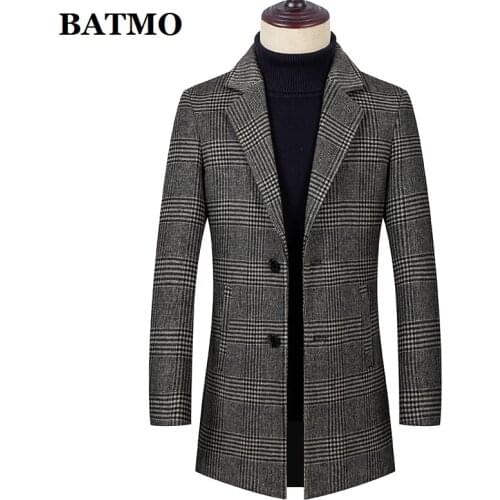 BATMO 2019 new arrival autumn&winter high quality wool plaid trench coat men,wool jackets ,1915