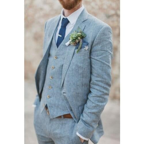 Latest Coat Pant Designs Light Blue Linen Wedding Suits for Men Slim Fit Groom Blazer Custom Style Jacket 3 Piece Tuxedo Ternos