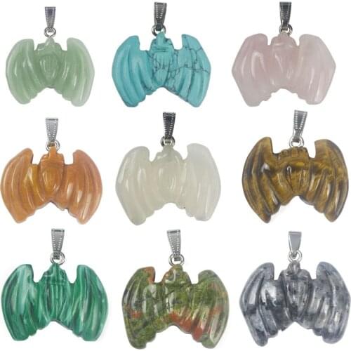 Natural Semi-precious Stone Charms Women Jewelry Making Agates Crystal Carved Bat Halloween Pendant for DIY Necklace Accessories