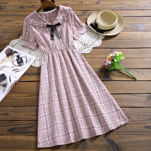Summer fashion cotton linen plaid dress japan style bow short sleeve women vintage sweet vestidos