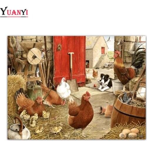 Full Round Diamond Painting Cross Stitch Rooster hen Chicken Dog Full Square Diamond Mosaic 5D DIY Animal Diamond Embroidery
