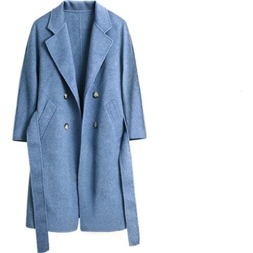 Hand made 2face pure woolen fabrics women double breasted sashes long overcoat suits collar S-XL