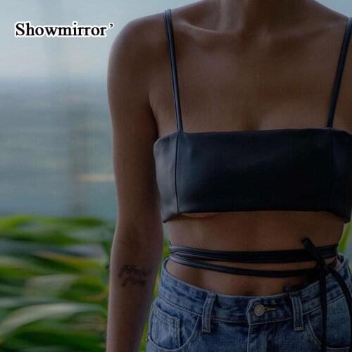 Showmirror Black Leather Personality Small Sling Top Punk Sexy Summer Tie Belt Condole Vest Slim Woman Show Thin Waist ASVE83866