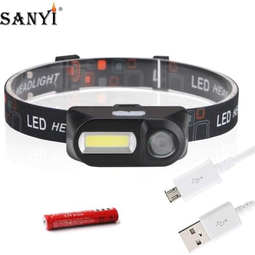 Sanyi COB XPE LED Mini Headlight 7-Mode USB Charging Headlamp Camping Flashlight Hunting Frontal Head Torch by 18650 Battery