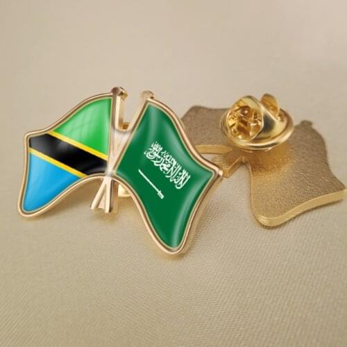 Tanzania and Saudi Arabia Crossed Double Friendship Flags Lapel Pins Brooch Badges