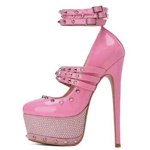 SHOFOO shoes,Beautiful womens shoes, patent leather, rivet decoration, about 15cm high-heeled womens shoes, round toe pumps