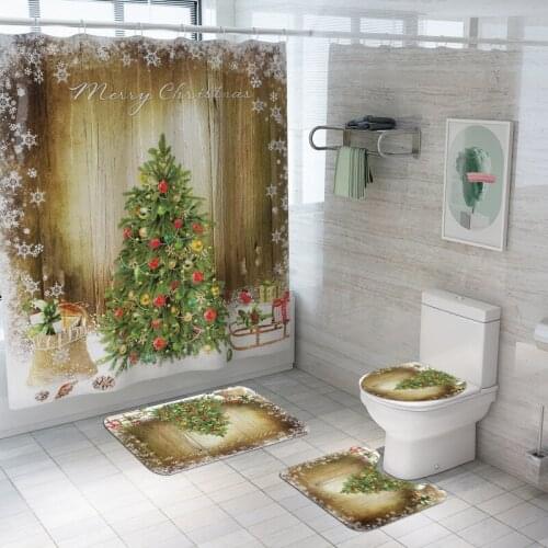 Green Christmas Tree Snowflake Pattern Waterproof Bathroom Shower Curtains Toilet Seat Cover Mat Non Slip Rug Christmas Decor
