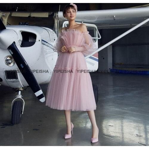 Yipeisha Strapless Prom Dress with Sleeves Tea-length Cocktail Dresses A-Line Tulle Short Party Gown Plus Size Vestido de Festa