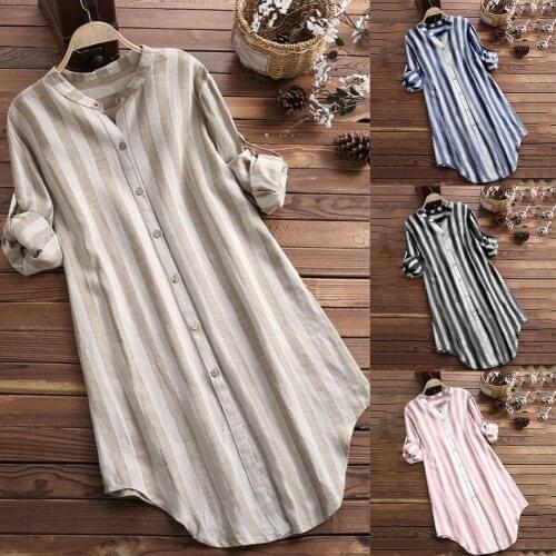 Cotton Women Blouse Shirt 2020 Summer New Linen Cottons Casual Plus size Womans Long Section Shirts White/Blue