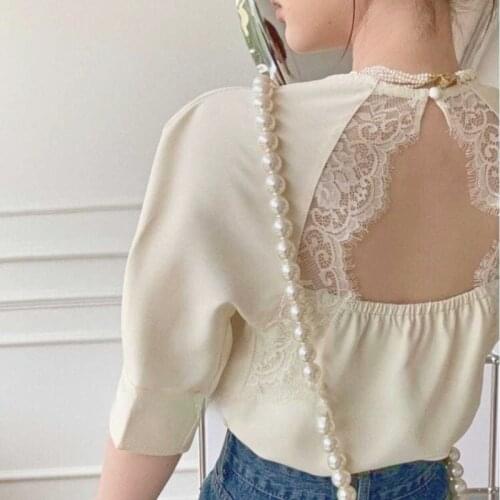2021 Summer Casual Elegant Blouses Women Lace Backless Designer Vintage French Sexy Tops Puff Sleeve Chic Korean Fashion Shirts