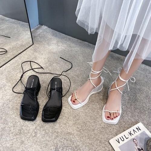 2021 Fashion Square Toe Wedges Women Sandals Lace Up Gladiator Sandal Back Strap Summer Shoes Women Casual Beach Sandal