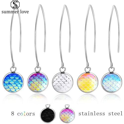 8 Colors Resin Mermaid Fish Scale Drop Earrings for Women Stainless Steel Big Hook Design Earrings Fashion Jewelry Wholesale