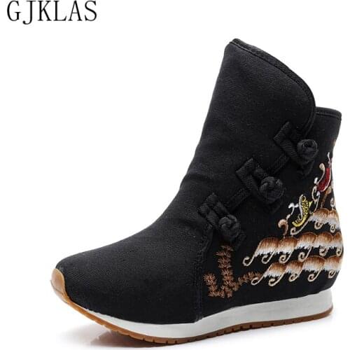 High Top Wedge Sneakers Big Size Kitten Heels Shoes Women Ethnic Style Embroider Canvas Platform Boots Womens Sneakers Fashion