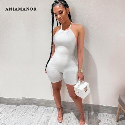 ANJAMANOR Sexy Backless Halter Bodycon Jumpsuit Women Summer Ribbed Knitted Rompers Shorts 2021 Clubwear Playsuit D27-BI19