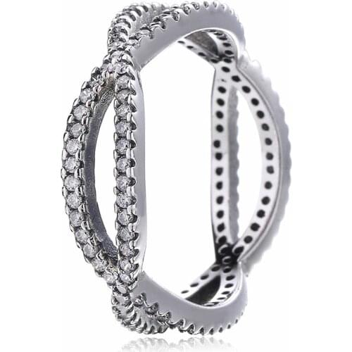 New 925 Sterling Silver Pan Ring Entwined Silver Feature With Crystal Rings For Women Wedding Party Gift Fine Jewelry