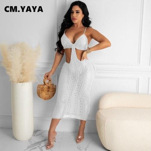 CM.YAYA Women Dress Solid Spaghetti Strap V-neck Hollow Out Sheath Elastic Mid Calf Dresses Sexy Night Club Party Dress Summer