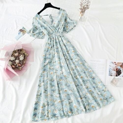 Mujer Floral Chiffon Vestidos Summer Lotus Leaf Sleeve V-neck Dresses Womens Elastic Waist Summer Vacation Halter Dress Z790