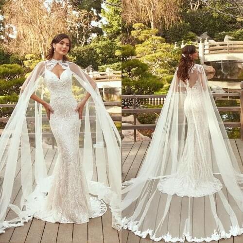 2021 Wedding Dresses with Wrap Sexy V Neck Lace Appliques Mermaid Bridal Gowns Custom Made Backless Sweep Train Wedding Dress