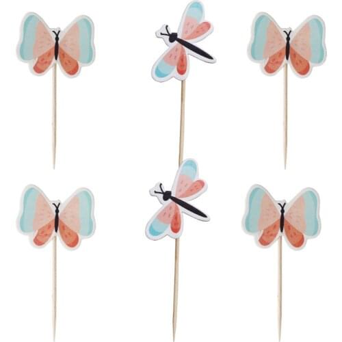 240pcs/lot Happy Baby Shower Kids Favors Butterfly Cupcake toppers Decorations Birthday Party Dragonfly Cake Topper With Sticks