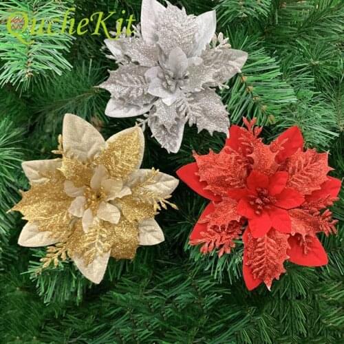 5pcs Glitter Christmas Flower Artificial Flowers Christmas Tree Decorations for Home Xmas New Year Wedding Gift Ornaments 13cm