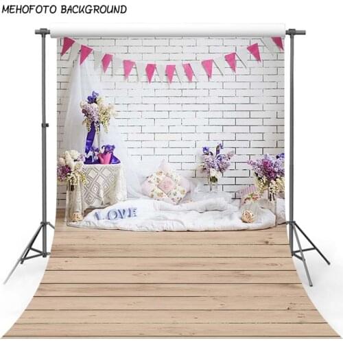 White Brick Wall Birthday Backdrops for Photography 5x7 Pink Flags Purple Flowers Background for New Born Wood Floor Baby Props