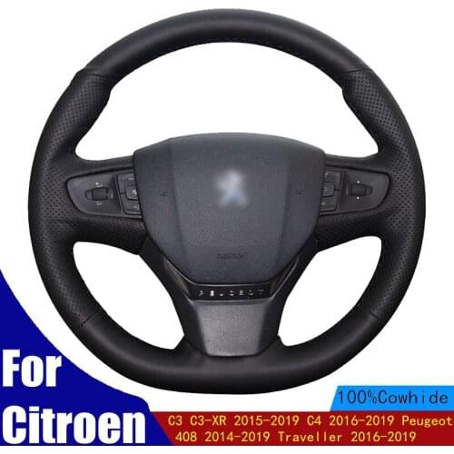 Car Steering Wheel Cover Black Genuine Leather For Citroen C3 C3-XR 2015-2019 C4 2016-2019 Peugeot 408 2014-2019 Traveller 2016