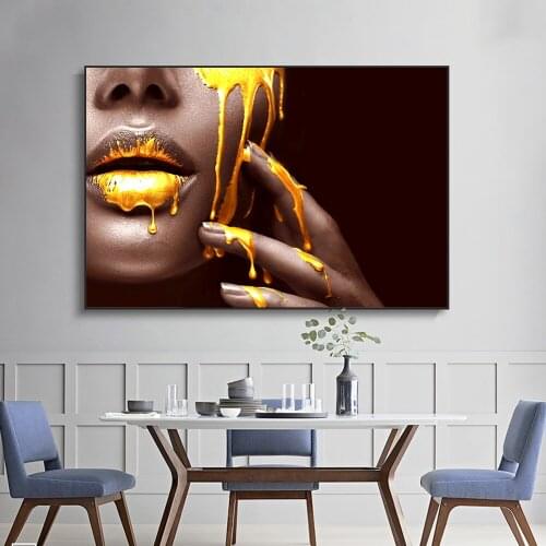 Black Woman Face With Golden Liquid Canvas Paintings On The Wall Art Posters And Prints African Art Canvas Pictures Cuadros