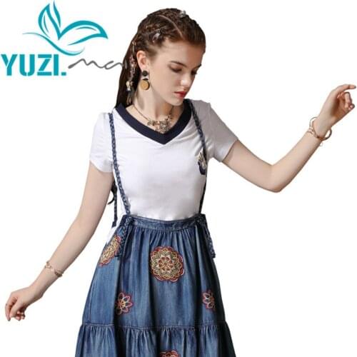T Shirt Women 2019 Yuzi.may Casual New Cotton Linen T-shirt Short Sleeve V-Neck Vintage Embroidery Tee Shirt Femme B9280 Tshirt
