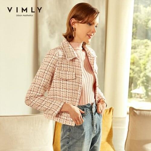 Vimly Plaid Short Jacket Fashion Turn Down Collar Single Breasted 2020 Autumn Coat Elegant Femme Veste F2610