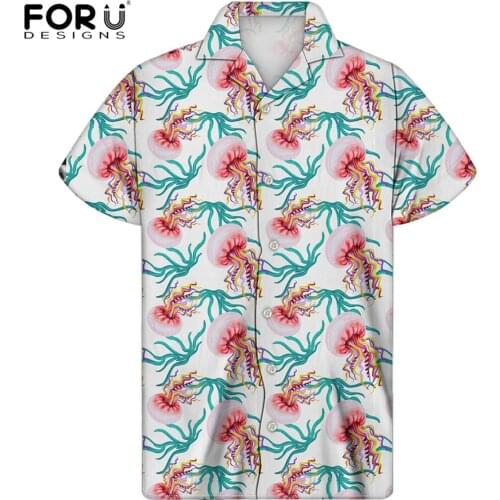 FORUDESIGNS 3D Sea Jellyfish World Design Summer Hawaiian Shirts For Men Casual Short Sleeved Plus Size Blouses Vacation Chemise