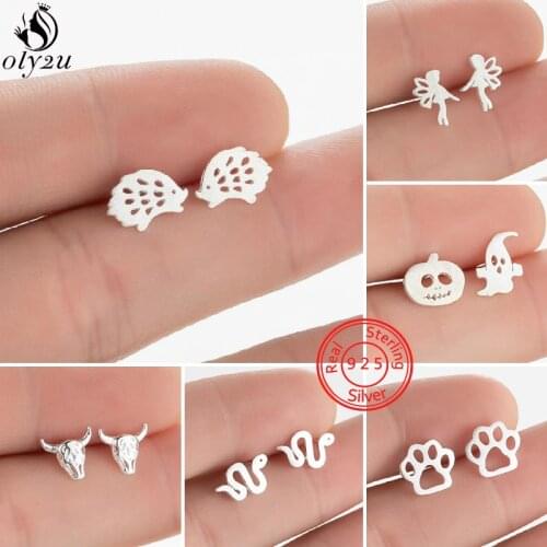 Cute 925 Sterling Silver Hedgehog Stud Earrings for Women Piercing Jewelry Small Pumpkin Ghost Earings Child Hallowmas Gift
