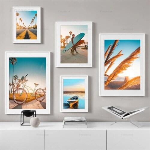 Sunset Surf Boy Bicycle Ferry Road Wall Art Canvas Painting Nordic Posters And Prints Landscape Wall Pictures For Living Room