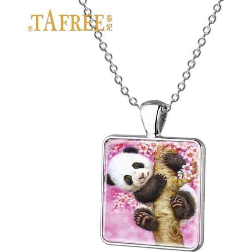 TAFREE Cartoon Glass Cabochon Necklace Chain Panda pattern Shaped Choker Long Pendant Necklace for Unisex Gift jewelry E98