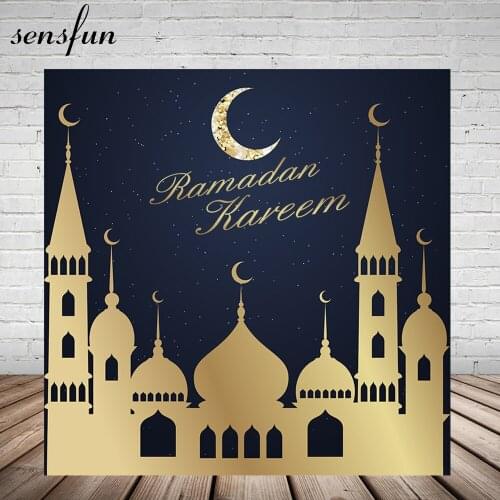 Sensfun Ramadan Kareem Eid Mubarak Backdrop Gold Islam Building Glittler Moon Backgrounds For Photo Studio Vinyl