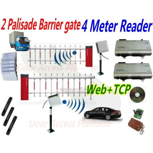 Car Palisade Barrier Gate 4 Meter reading 2 Gate kit Car Parking Barrier gate with 2 Network controller panel+2 UHF RFID reader