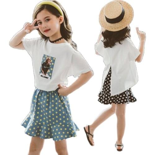Big Girls Tracksuit 2020 Summer Teenage Girl Two-piece Clothes Fashion Cartoon Short Sleeve Loose T Shirt+Pleated Dot Skirt Suit