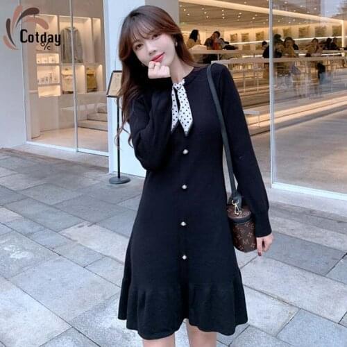 Cotday Knit Black Long Sleeve Button Women Bow Sweater Preppy Style Spring And Autumn Retro Sweet Elegant Fish Tail Dresses