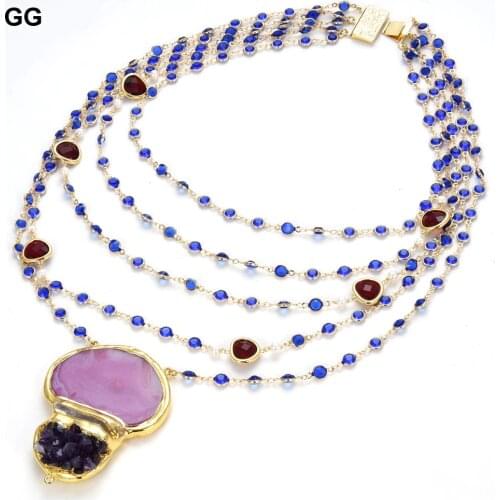 GuaiGuai Jewelry 5 Strands 18'' White Pearl Blue Red Crystal Chain Necklace Agate Pendant Handmade Vntage Party Style For Women