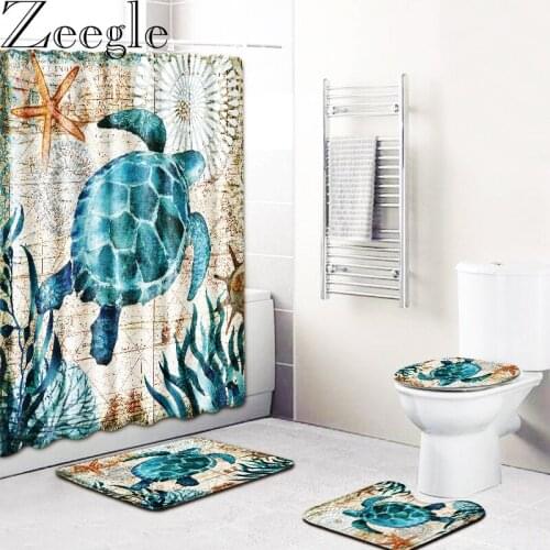 Zeegle Turtles Printed Shower Curtain Pedestal Toilet Seat Mat Lid Cover Bath Mat Underwater World Home Decor Bathroom Carpet