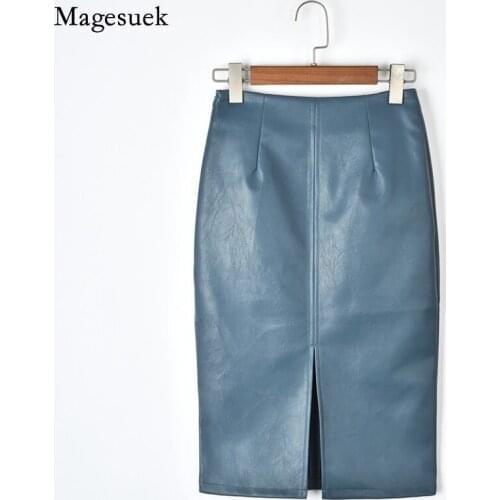 Korean Split Leather Skirt Women 2021 Spring New Solid Zipper PU Leather Black Skirt Casual Straight High Waist Mini Skirts 9671