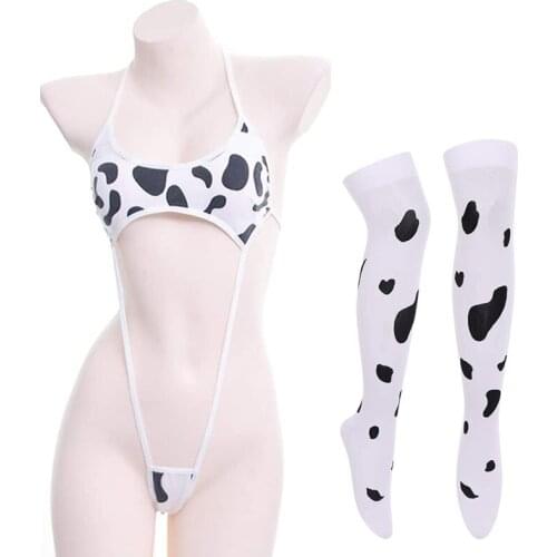 Women Sexy Milk Cow Lingerie Set Anime Maid Cosplay Costume Mini Bikini Bra Bodysuit with Bell Choker Stockings Outfit