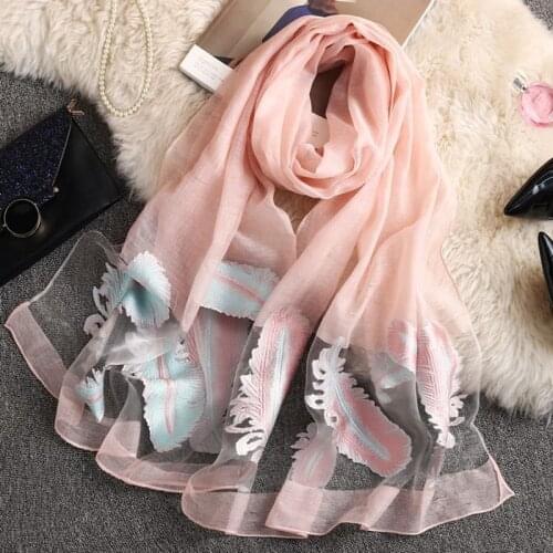 Autumn Femme Silk Scarves Silk Scarf 2019 New Women Embroidery Feather Sunscreen Beach Long Soft Wrap Scarf Ladies Shawl veil