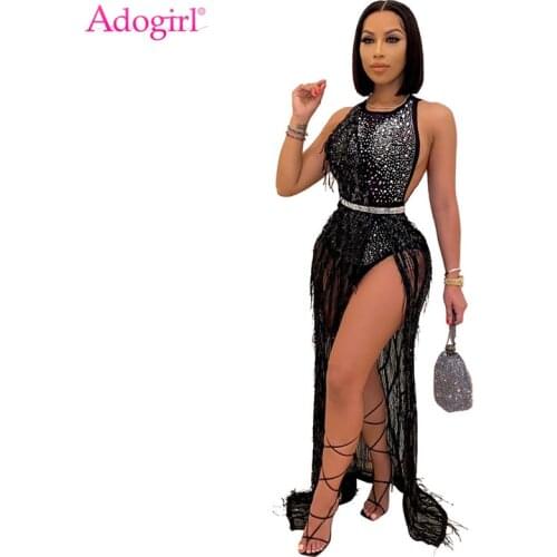 Adogirl Women Sequins Tassel Diamonds Maxi Night Club Party Dress Fashion Sexy Sleeveless High Slit Bodycon Long Dresses