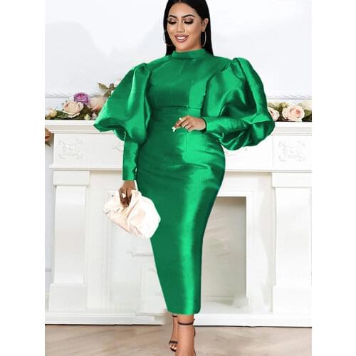Plus Size Green Dresses Long Lantern Sleeve Women Bodycon Package Hip Ankle Length Outfits Elegant Office Ladies Evening Party