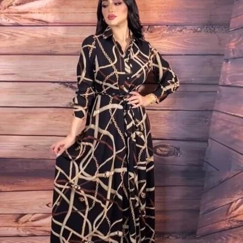 Siskakia Chain Print Shirt Dress for Women Muslim Dubai Turkey Arabic Oman Lapel Single-breasted Black Abaya 2021 Autumn