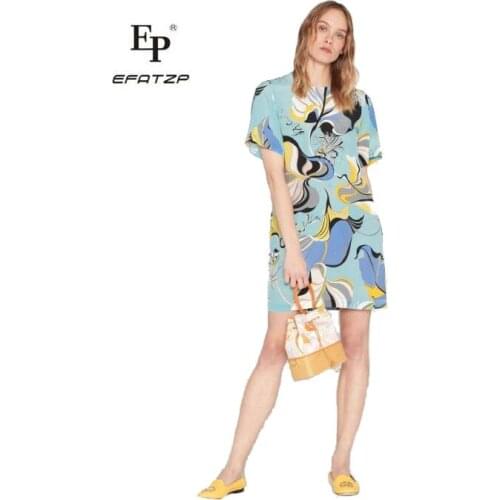 EFATZP New Fashion Printed Short Sleeve silk jersey Colour-impact Elastic Knitted Slim Dress for Women