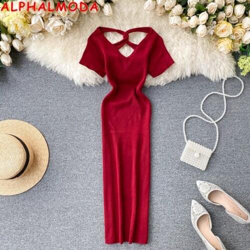 ALPHALMODA 2020 Summer Women Hollow Back V-collar Short-sleeved Pullover Knitting Dress Sexy Body-con Step Dress